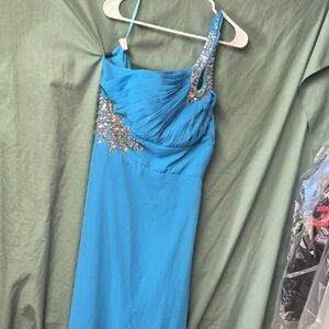 Grace Karin One Shoulder Blue Dress with Silver Accents Size 16